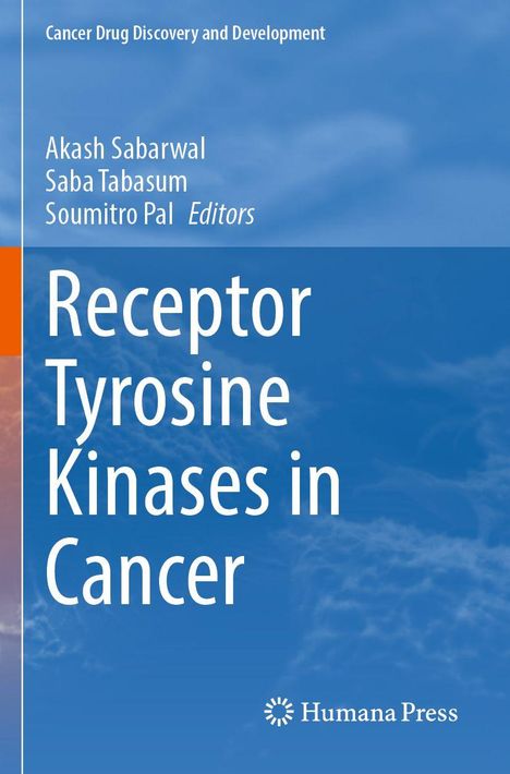 Text: "Cancer Drug Discovery and Development", "Receptor Tyrosine Kinases in Cancer". Blaue Hintergrundgrafik, Humana Press Logo.