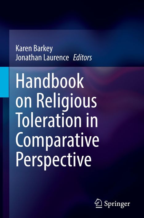 "Handbook on Religious Toleration in Comparative Perspective", Editors: Karen Barkey, Jonathan Laurence. Blau-violette Farbverläufe.
