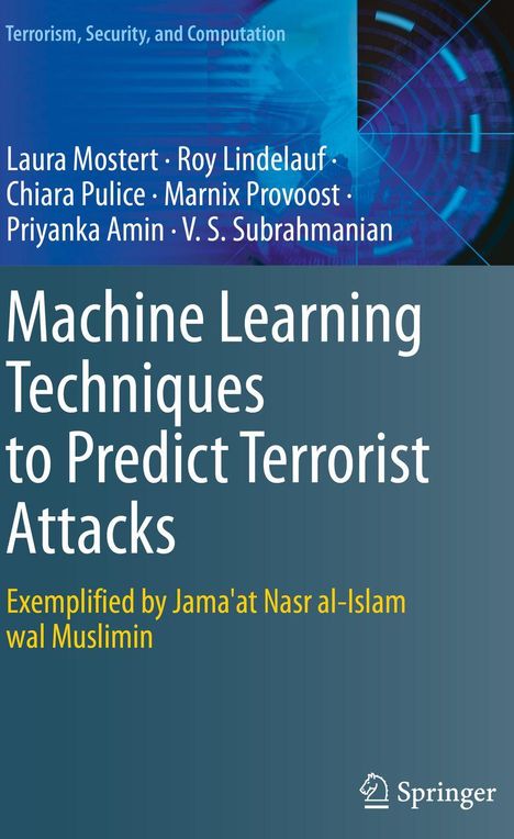 Buchcover: "Machine Learning Techniques to Predict Terrorist Attacks", Autoren: Laura Mostert et al., Springer-Logo.
