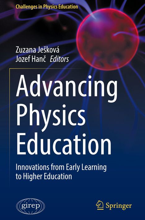 "Advancing Physics Education" in Weiß auf dunkelblauem Hintergrund, darüber ein rotes Plasma-Ansicht.