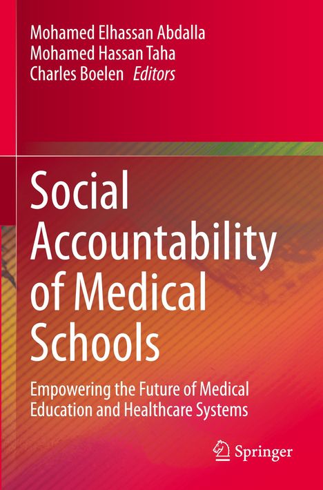 Text: "Social Accountability of Medical Schools. Empowering the Future of Medical Education and Healthcare Systems." Rot-gelbes Design mit einem Springer-Logo.