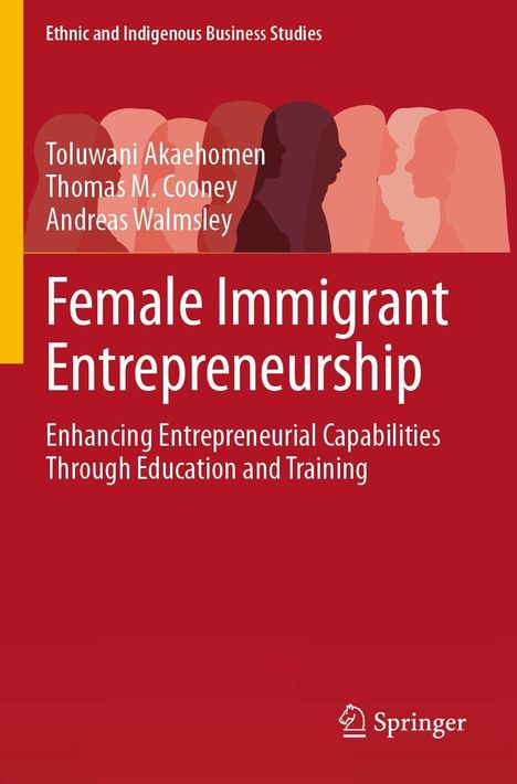 "Buch 'Female Immigrant Entrepreneurship', rote Cover, Silhouetten von Frauen im Hintergrund, Springer-Logo unten."