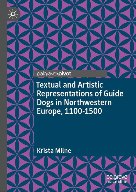 "Textual and Artistic Representations of Guide Dogs in Northwestern Europe, 1100-1500," Krista Milne. Geometrisches Muster in Lila und Blau.