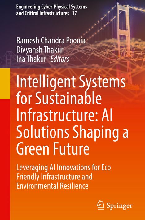 "Intelligent Systems for Sustainable Infrastructure: AI Solutions Shaping a Green Future" auf orangefarbenem Hintergrund.
