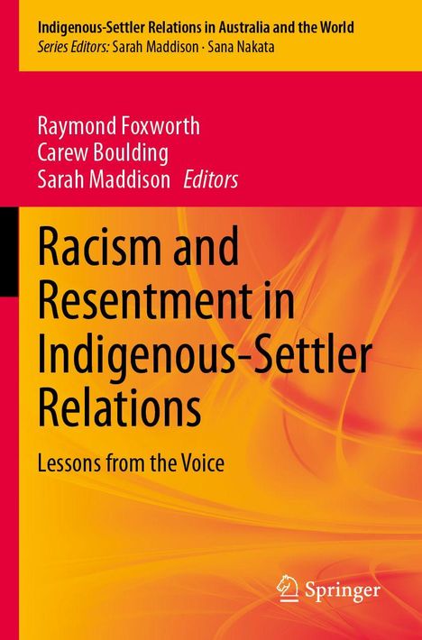 Text: "Racism and Resentment in Indigenous-Settler Relations: Lessons from the Voice." 
Farben: Orange-Rot-Hintergrund. 
Logo: Springer.