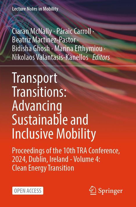 Text: "Transport Transitions: Advancing Sustainable and Inclusive Mobility." Farbige, wellenartige Linien auf orangem Hintergrund.