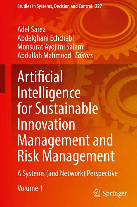 Text: "Artificial Intelligence for Sustainable Innovation Management and Risk Management. A Systems (and Network) Perspective. Volume 1." Rotes Zahnrad-Hintergrund, Springer-Logo.