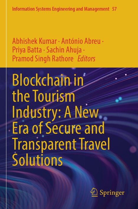 Text: "Blockchain in the Tourism Industry: A New Era of Secure and Transparent Travel Solutions." Gelbes und lila Cover, Springer-Logo.