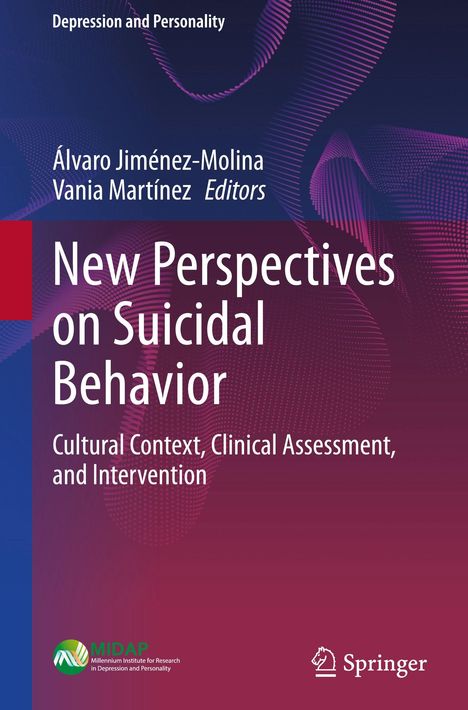 Titel: "New Perspectives on Suicidal Behavior". Autoren: Álvaro Jiménez-Molina, Vania Martínez. Abstraktes, lila Muster.