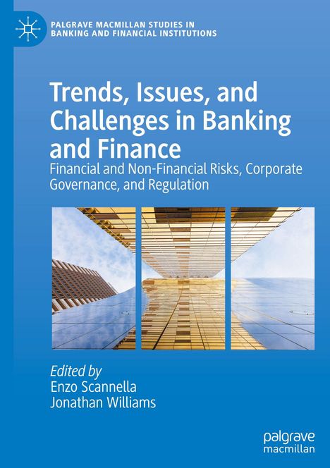 Text: "Trends, Issues, and Challenges in Banking and Finance," "Edited by Enzo Scannella, Jonathan Williams." Illustratives Hochhaus.