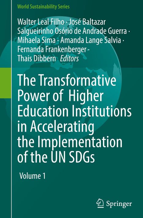 Buchtitel: „The Transformative Power of Higher Education Institutions… SDGs.“ Herausgeberliste. Grüner Hintergrund.