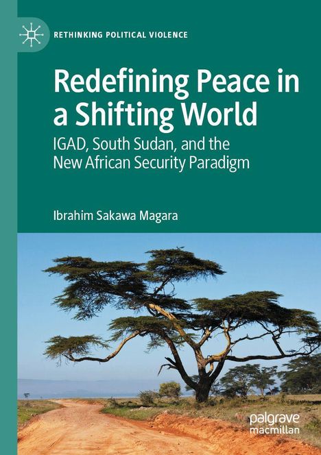„Redefining Peace in a Shifting World“ oben, darunter Baum an einer staubigen Straße vor blauem Himmel.