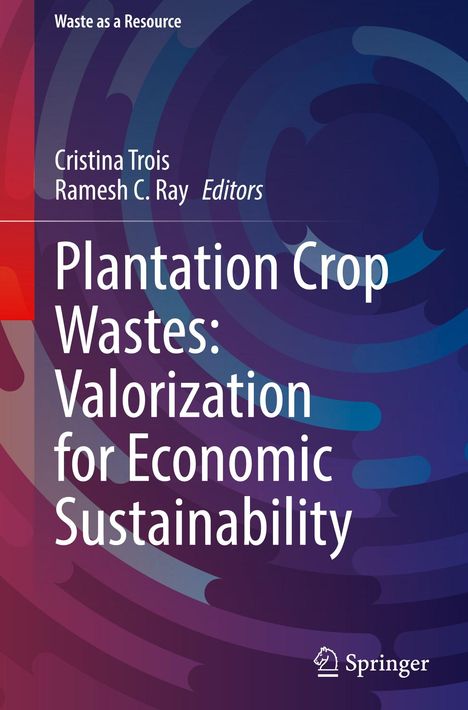 „Waste as a Resource“, Cristina Trois, Ramesh C. Ray, Titel: „Plantation Crop Wastes: Valorization for Economic Sustainability“. Verläufernde, bunte Kreise im Hintergrund, Logo unten rechts