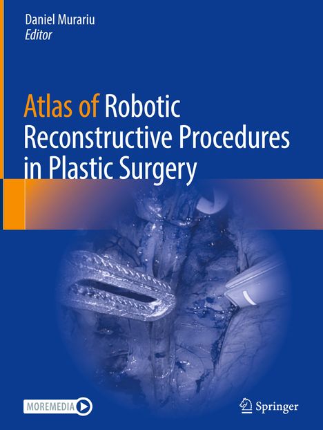 Text: "Atlas of Robotic Reconstructive Procedures in Plastic Surgery". Gedämpft blaues künstlerisches Bild medizinischer Instrumente.