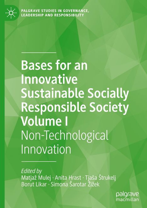 „Bases for an Innovative Sustainable Socially Responsible Society Volume I“ auf grünem geometrischen Hintergrund.