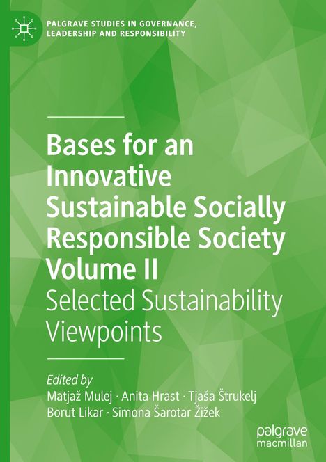 Grünes Cover mit dem Titel: "Bases for an Innovative Sustainable Socially Responsible Society Volume II".