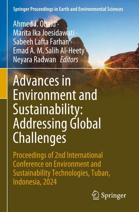 Titel: "Advances in Environment and Sustainability: Addressing Global Challenges". Im Hintergrund Berge bei Sonnenuntergang.