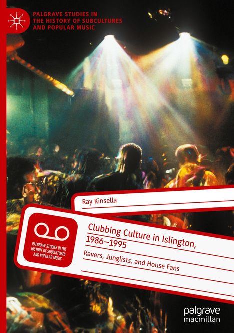 "Clubbing Culture in Islington, 1986–1995. Ravers, Junglists, and House Fans. Menschen tanzen unter buntem Lichtstrahl."
