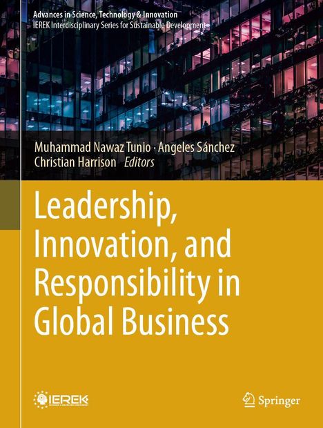 Titel: "Leadership, Innovation, and Responsibility in Global Business". Beige Hintergrund, modernes Gebäude oben.