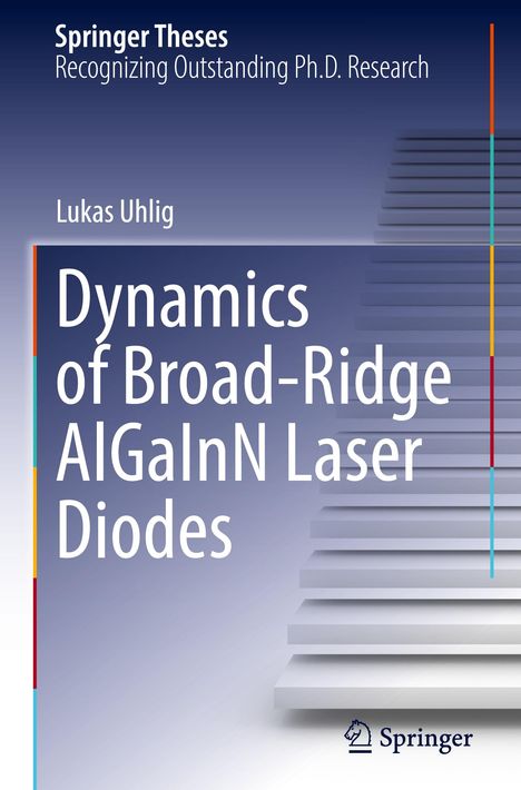 Oben: "Springer Theses Recognizing Outstanding Ph.D. Research". Titel: "Dynamics of Broad-Ridge AlGaInN Laser Diodes". Steppendesign.