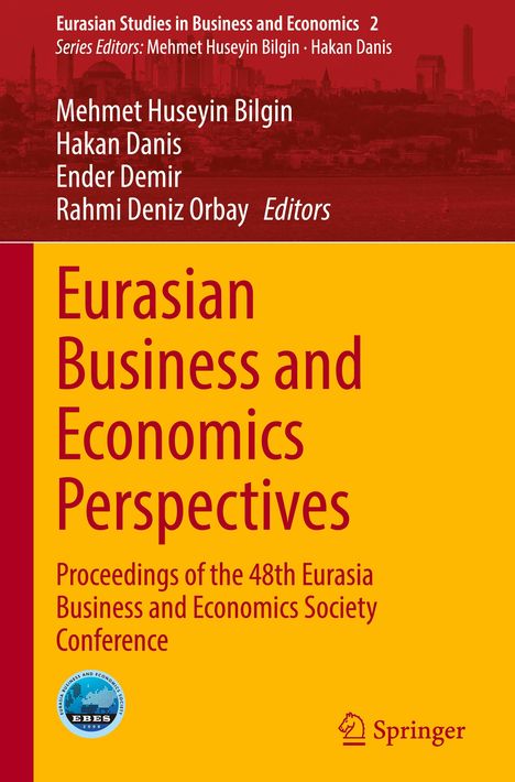 Titel: Eurasian Business and Economics Perspectives. Gelb-roter Hintergrund, Springer-Logo und EBES-Logo.