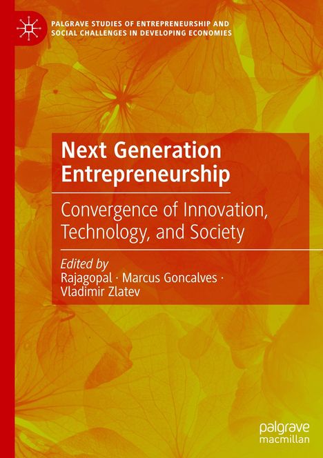 "Next Generation Entrepreneurship: Convergence of Innovation, Technology, and Society." Gelber Hintergrund, Blütenmuster.