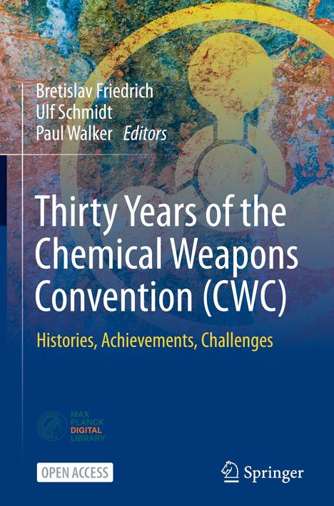„Thirty Years of the Chemical Weapons Convention (CWC)“, mit buntem, abstraktem Hintergrund und einem Logo links unten.
