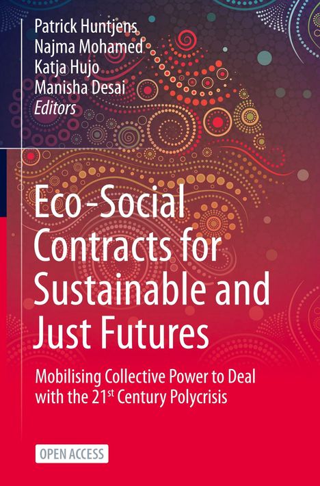 Buchtitel: "Eco-Social Contracts for Sustainable and Just Futures". Bunte, wirbelnde Muster im Hintergrund.