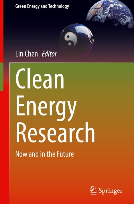 Titel: Clean Energy Research. Untertitel: Now and in the Future. Grün-rote Farbverläufe; Yin-Yang und Erde.