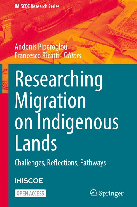 „Researching Migration on Indigenous Lands“. Koffer und Bücher im Hintergrund, Springer-Logo unten rechts.