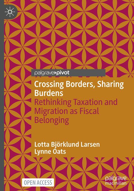 „Crossing Borders, Sharing Burdens.“ Geometrisches Muster aus orangefarbenen Kreisen auf weinrotem Hintergrund.