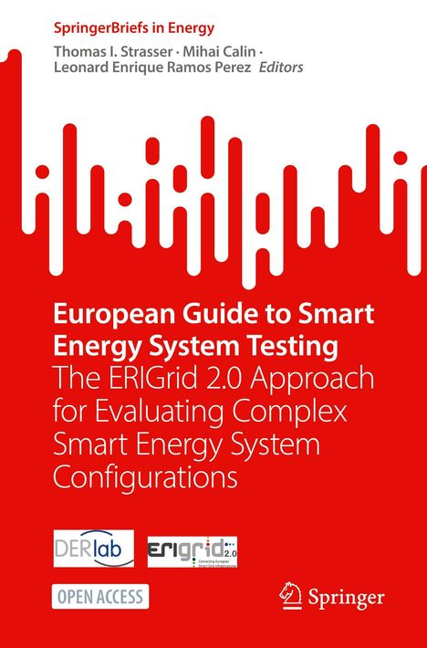 "European Guide to Smart Energy System Testing" Text auf rotem Hintergrund, darüber weiße und rote Balken. Logos: DERlab, Erigrid 2.0.