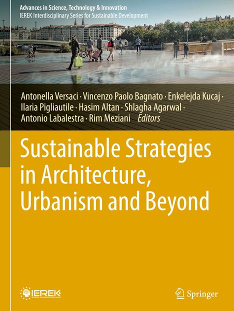 Buchtitel über nachhaltige Strategien in Architektur, Urbanismus. Bild von Menschen auf modernem Platz mit Brücke und Bäumen.