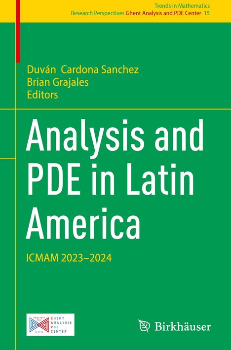 "Analysis and PDE in Latin America", Bearbeitet von Duván Cardona Sanchez, Brian Grajales. Grüner Hintergrund, Logos unten.