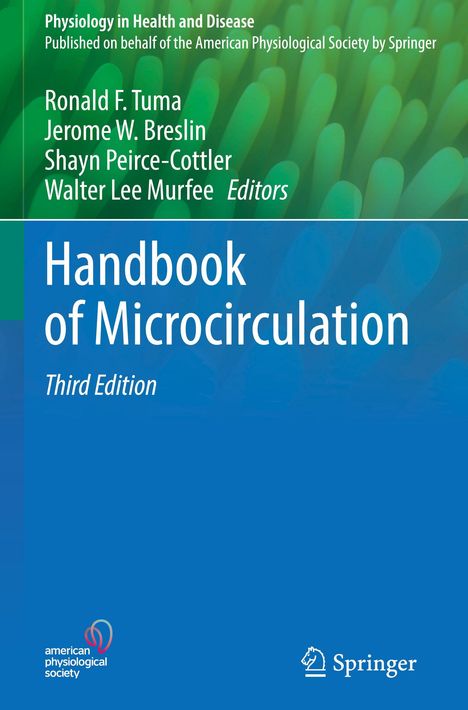 "Handbook of Microcirculation, Third Edition" steht im Zentrum auf blauem Hintergrund. Oben grüne Muster, unten zwei Logos.