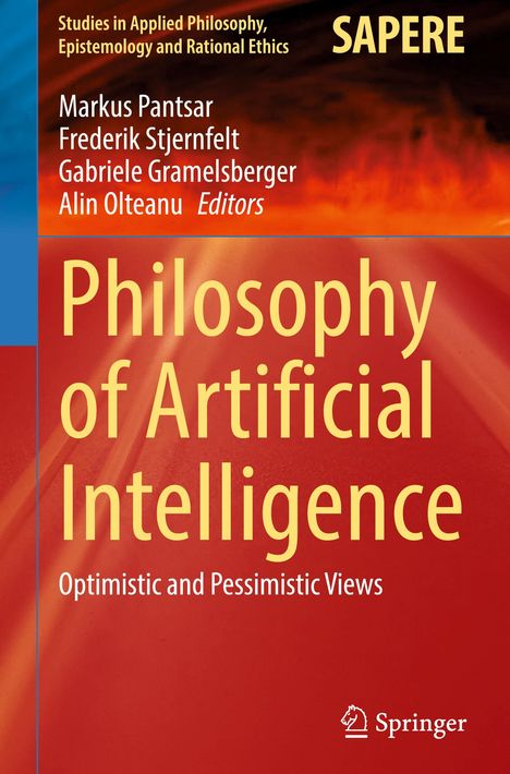 "Philosophy of Artificial Intelligence: Optimistic and Pessimistic Views" auf rotem Hintergrund mit Autorenliste oben.