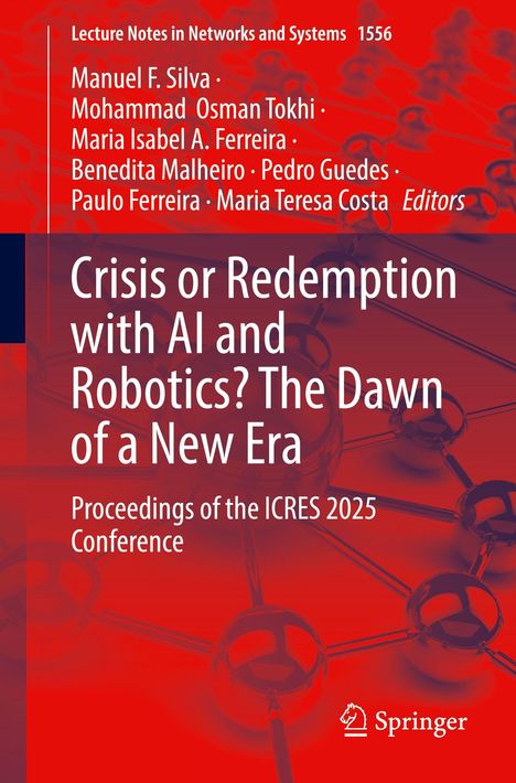 "Crisis or Redemption with AI and Robotics? The Dawn of a New Era" text auf rotem Hintergrund mit stilisierten Netzwerken.