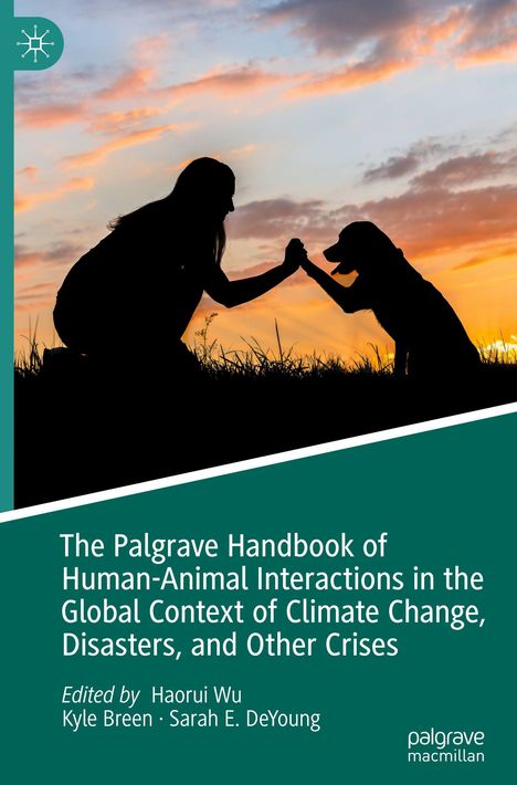 "The Palgrave Handbook of Human-Animal Interactions..." zeigt eine Silhouette von Mensch und Hund vor einem Sonnenuntergang.