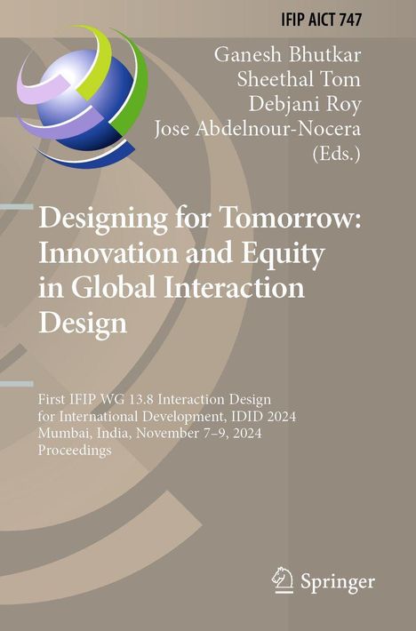Ein Buchcover mit dem Titel "Designing for Tomorrow: Innovation and Equity in Global Interaction Design". Oben ein Logo.