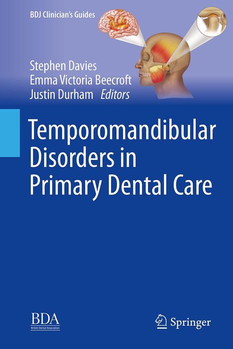 Text: "Temporomandibular Disorders in Primary Dental Care". Illustration zeigt Kopf mit Fokus auf Hirn und Kiefergelenk.