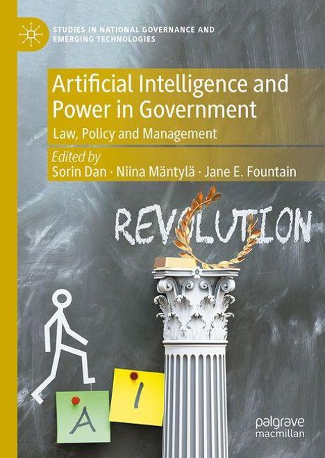"Artificial Intelligence and Power in Government" ist der Titel. Illustration mit einer Säule und Flammen.