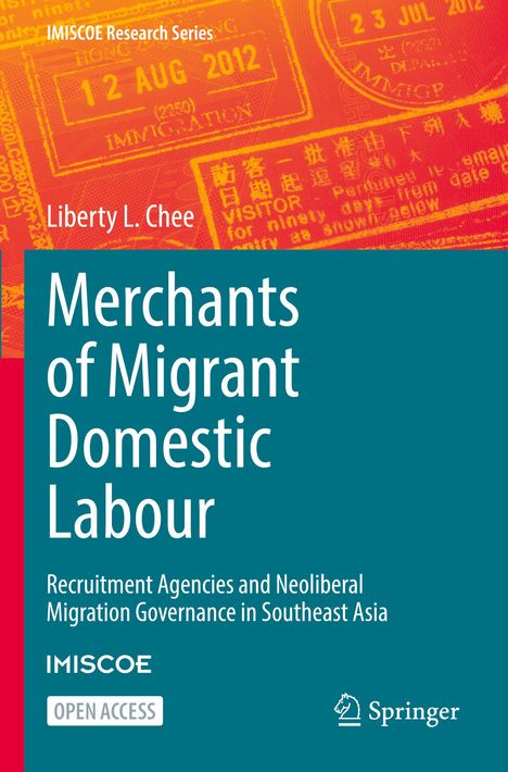 Text: "Merchants of Migrant Domestic Labour" von Liberty L. Chee, über die Arbeitsmigration in Südostasien. Rotes und blaues Design.