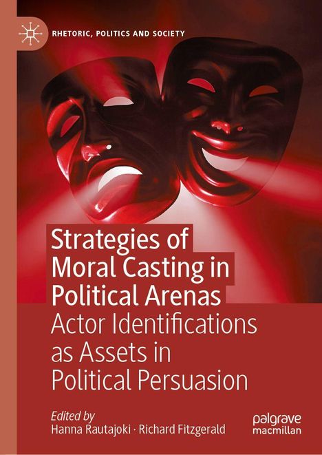 Text: "Strategies of Moral Casting in Political Arenas: Actor Identifications as Assets in Political Persuasion." Zwei rote Masken.