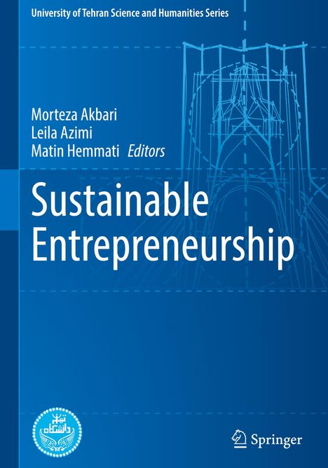 „Sustainable Entrepreneurship“ in großen Buchstaben, blaue technische Zeichnungen im Hintergrund, Logo unten.