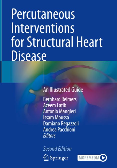 "Percutaneous Interventions for Structural Heart Disease, An Illustrated Guide, Second Edition, Herausgeber: Reimers et al." Ein abstrahiertes Herz in Regenbogenfarben im Hintergrund.