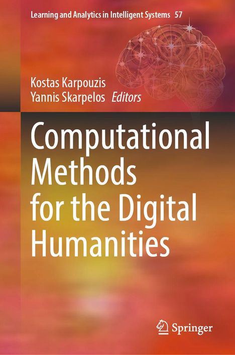 „Computational Methods for the Digital Humanities“, orange-rote Hintergrundgrafik, Gehirn-Illustration rechts.
