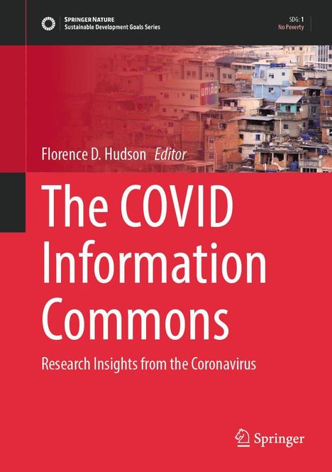Der Text lautet: "The COVID Information Commons" und oben ist ein Bild von dichten Wohngebäuden. Links ein roter Streifen.