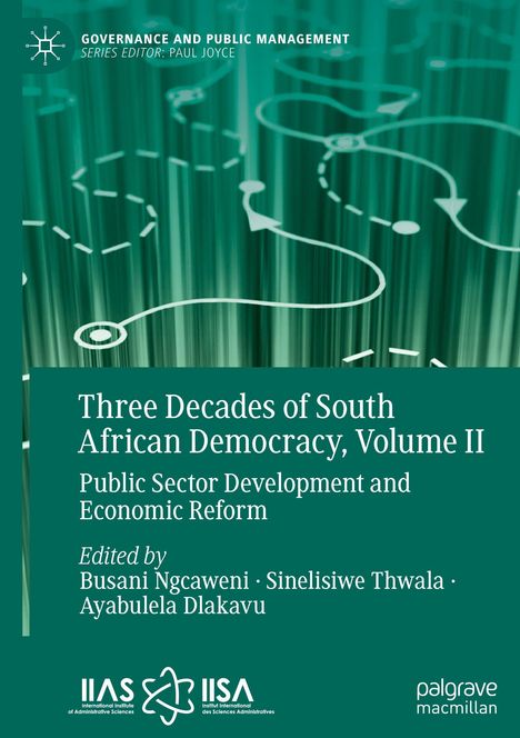 "Three Decades of South African Democracy, Volume II" mit abstraktem grünen Hintergrund und weißen Linien.