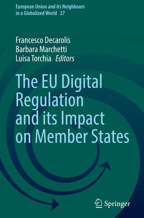 Buchtitel: "The EU Digital Regulation and its Impact on Member States" mit Autorenlisten. Grünen Hintergrund mit Kreisen.