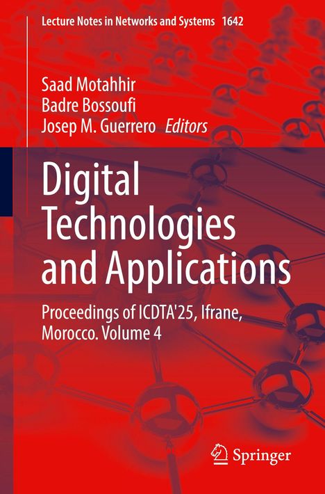 Titel: Digital Technologies and Applications. Konferenz: ICDTA'25, Ifrane, Marokko. Links: Molekülstruktur auf rotem Hintergrund.